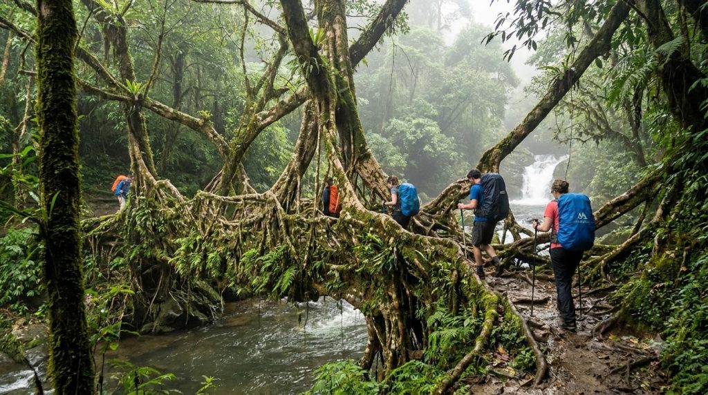 Ancient living root bridge in the rainforests of Meghalaya on an offbeat trekking trail.