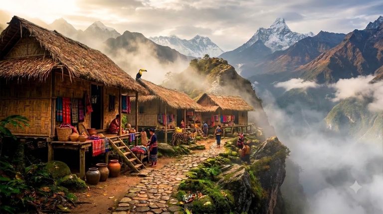 high-altitude mist-covered Himalayan vista or a dramatic mountain ridge