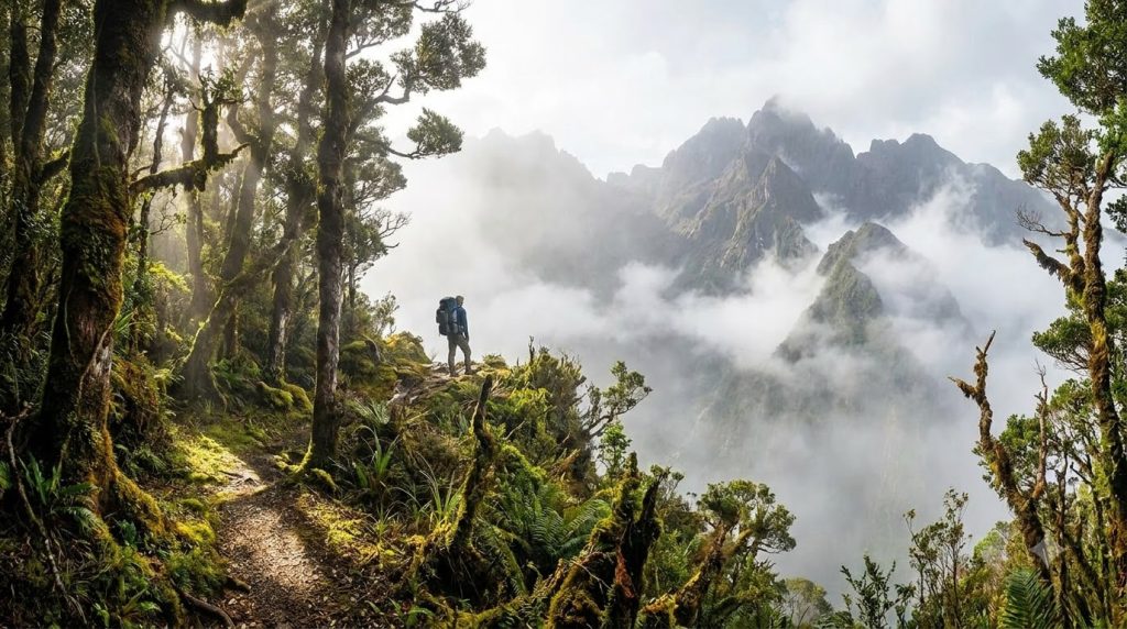 A lone trekker standing on a misty mountain ridge surrounded by a pine forest with dramatic sunlight filtering through the trees during an offbeat trek in India.